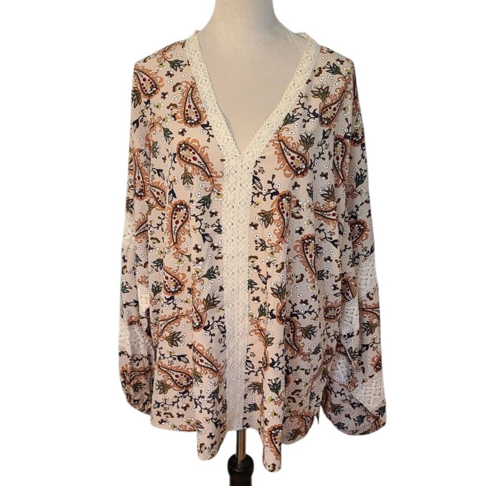 Suzanne Betro Weekend 3X Paisley Lace Trim Long Sleeve Tunic Festival Boho Gypsy